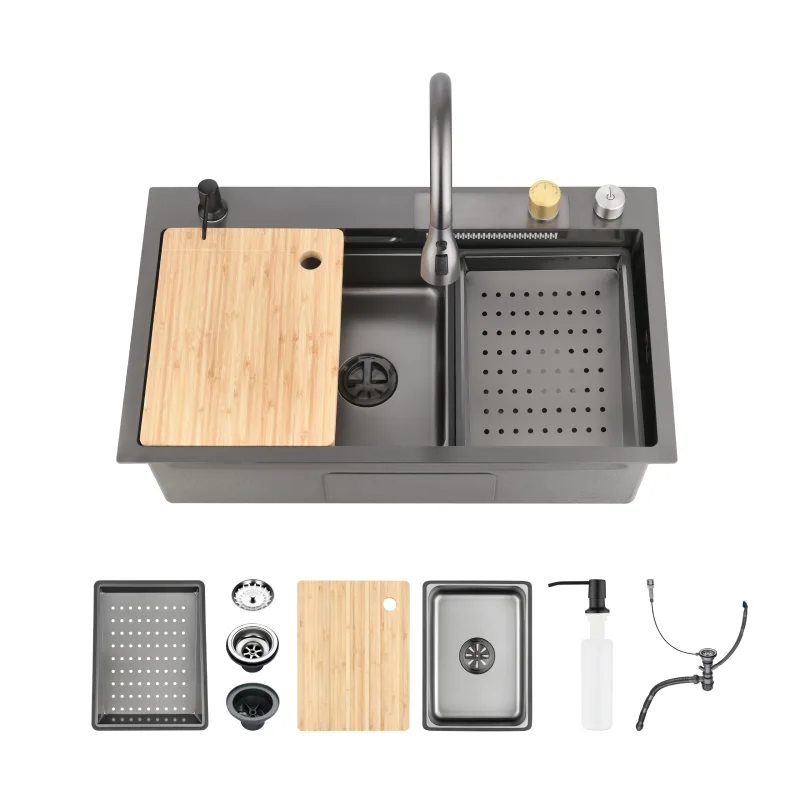 Waterfall Kitchen Sink, Stainless Steel Single Bowl in Black, Multifunctional Workstation with Flying-rain Faucet and Cutting Board, 30x22″ Stainless Steel Single Bowl Sink