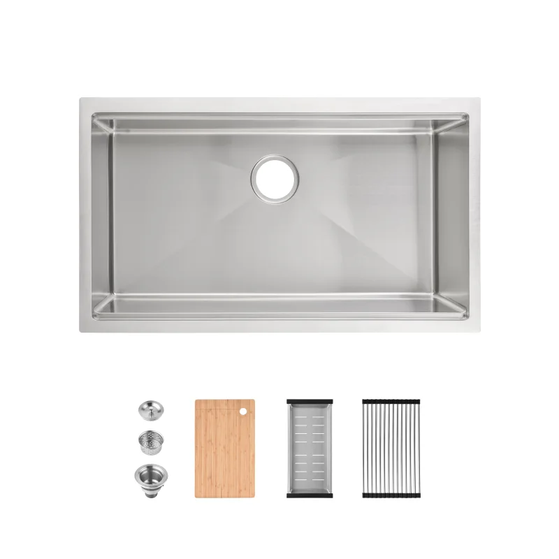 Stainless Steel Kitchen Sink, 33″x19″ Single Bowl, Undermount Handmade Sink in Dark Gray, with Cutting Board, Colander