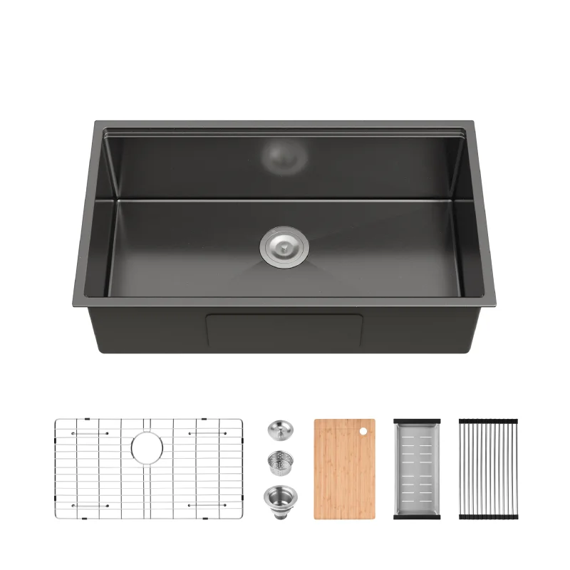 Kitchen Sink 33"x19" Multifunctional undermount Flying Rain Waterfall S304 Stainless Steel Handmade Modern Single Bowl Kitchen Sink Dark Gray
