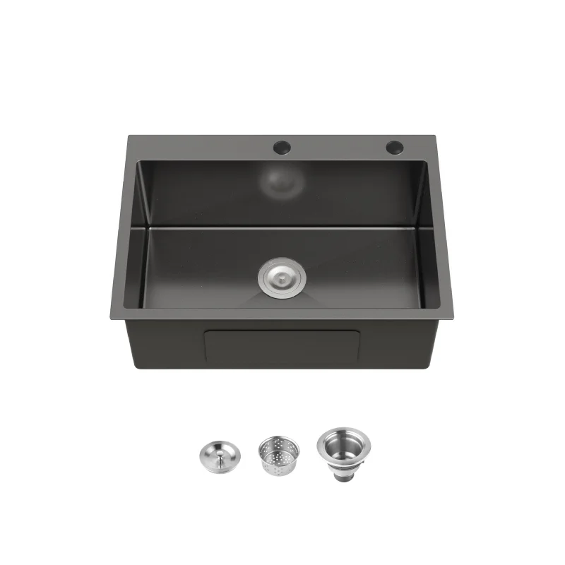 Stainless Steel Kitchen Sink, 27″x19″ Single Bowl, Overmount Handmade Sink in Black, with US Standard Drain and Hook