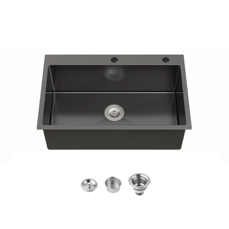 Stainless Steel Kitchen Sink, 30″x19″ Single Bowl, Overmount Handmade Sink in Black, with US Standard Drain and Hook