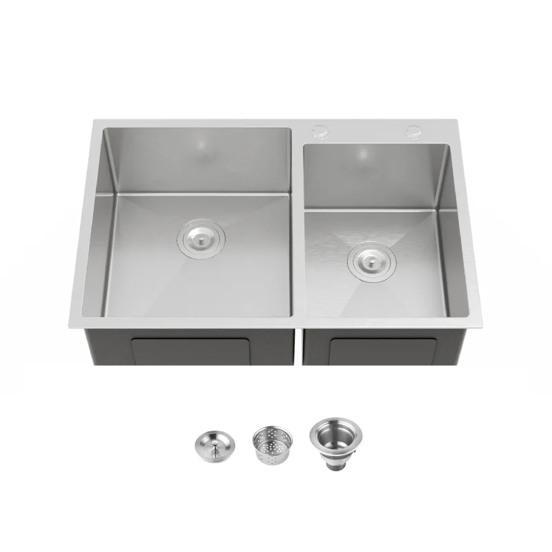 33"x19" Embedded Double Bowl Kitchen Sink, Overmount Handmade Sink in Dark Gray (Sink only)