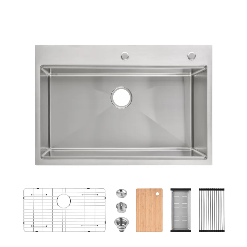 Stainless Steel Kitchen Sink, 33″x22″ Single Bowl, Overmount Handmade Sink in Dark Gray, with Cutting Board, Colander, Grid