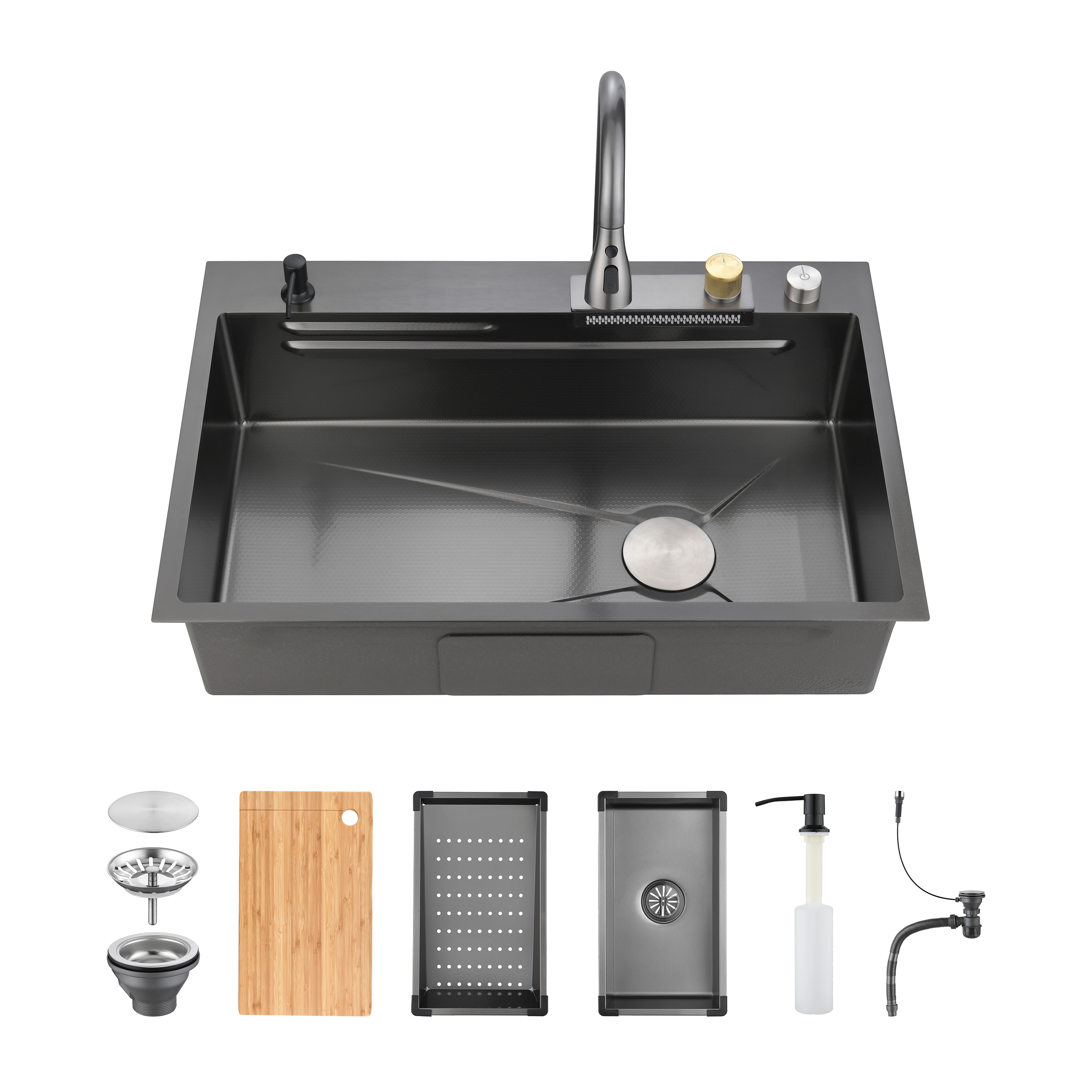 Waterfall Kitchen Sink, Stainless Steel Single Bowl in Black, Multifunctional Workstation with Flying-rain Faucet and Cutting Board, 33x22″ Stainless Steel Single Bowl Sink