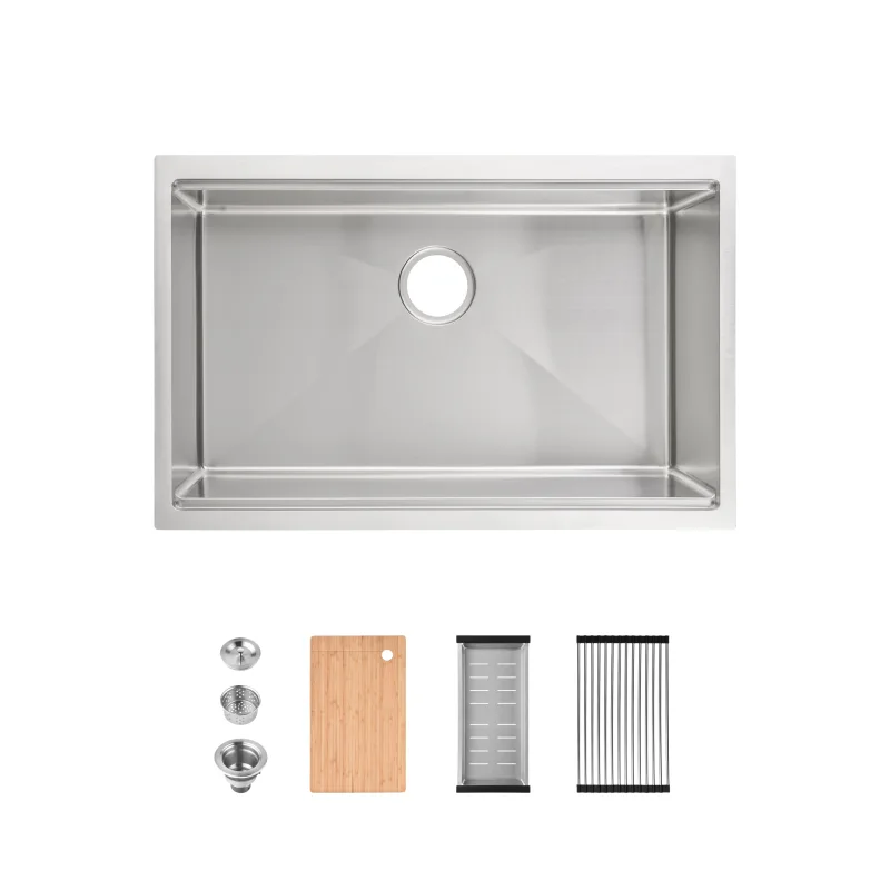 Stainless Steel Kitchen Sink, 30″x19″ Single Bowl, Undermount Handmade Sink in Dark Gray, with Cutting Board, Colander