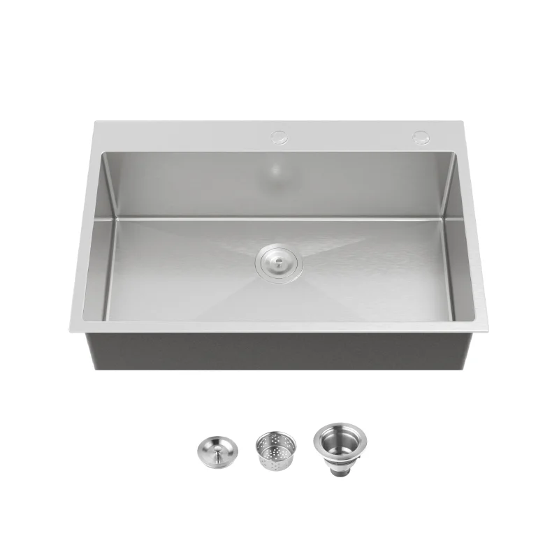 Stainless Steel Kitchen Sink, 33″x22″ Single Bowl, Overmount Handmade Sink in Dark Gray, with US Standard Drain and Hook