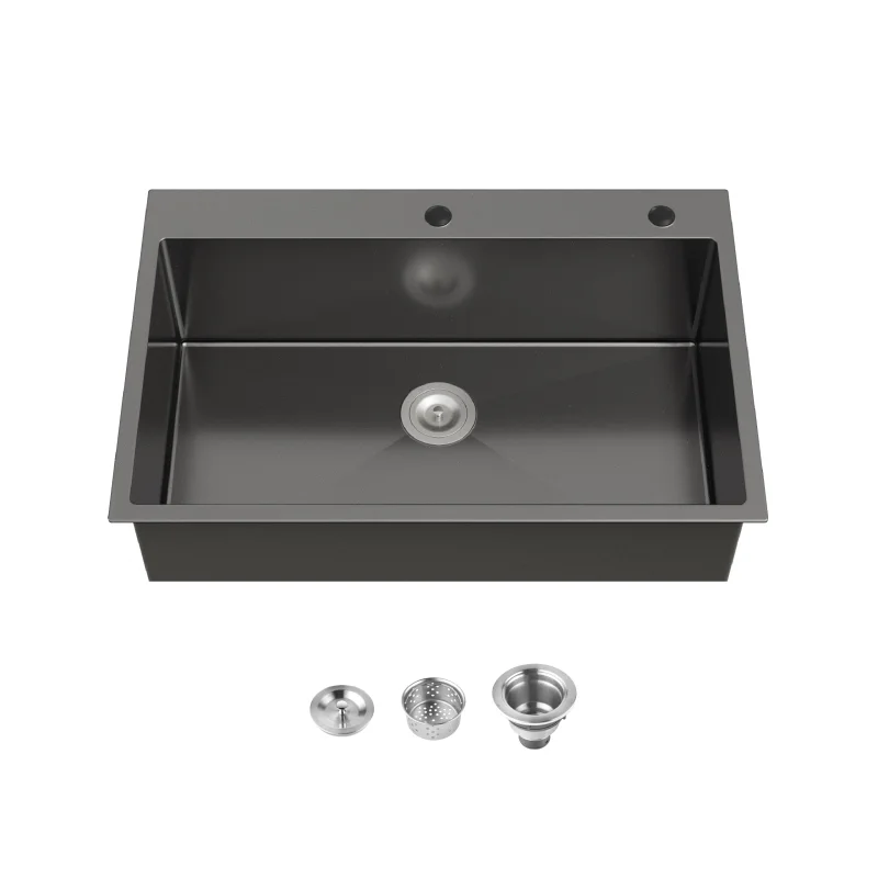 Stainless Steel Kitchen Sink, 33″x22″ Single Bowl, Overmount Handmade Sink in Black, with US Standard Drain and Hook