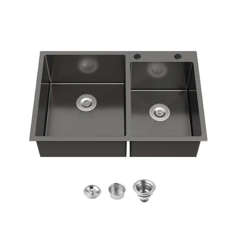 33"x22" Embedded Double Bowl Kitchen Sink, Overmount Handmade Sink in Black (Sink only)