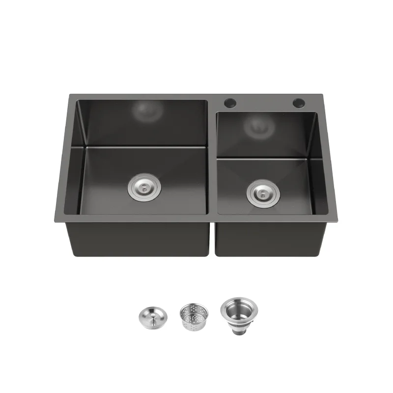 Stainless Steel Kitchen Sink, 32″x19″ Double Bowl in Black, Overmount Handmade Sink, with US Standard Drain and Hook