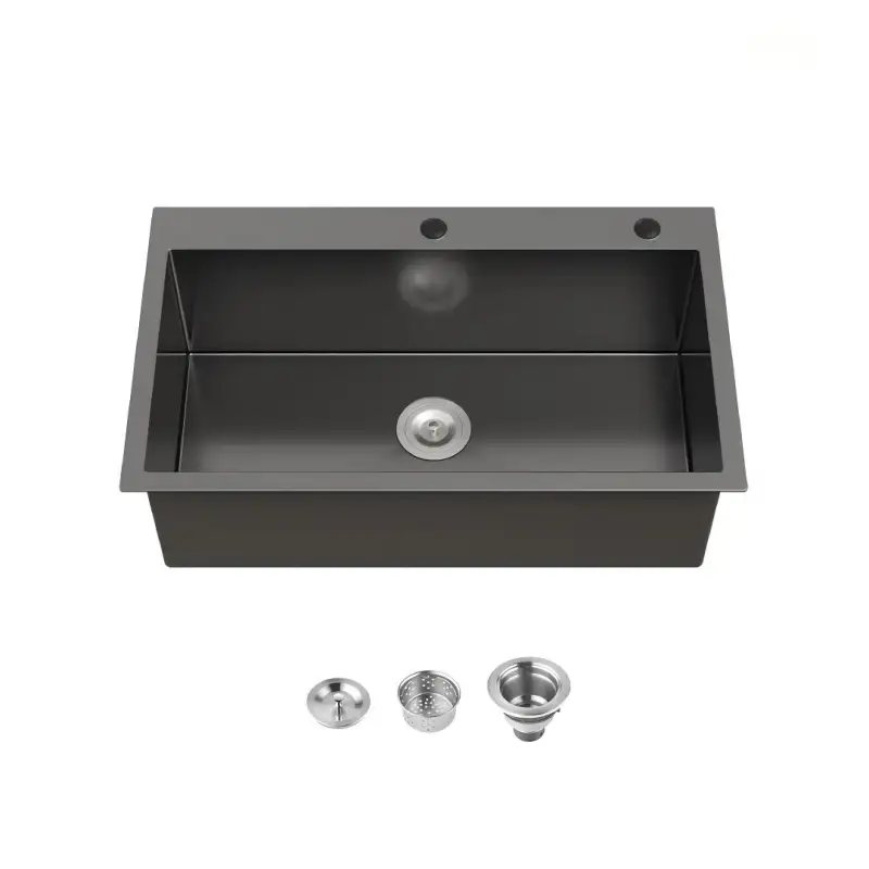 Stainless Steel Kitchen Sink, 32″x19″ Single Bowl, Overmount Handmade Sink in Black, with US Standard Drain and Hook
