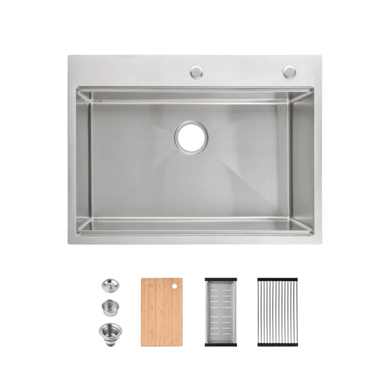 Stainless Steel Kitchen Sink, 30″x22″ Single Bowl, Overmount Handmade Sink in Dark Gray, with Cutting Board, Colander
