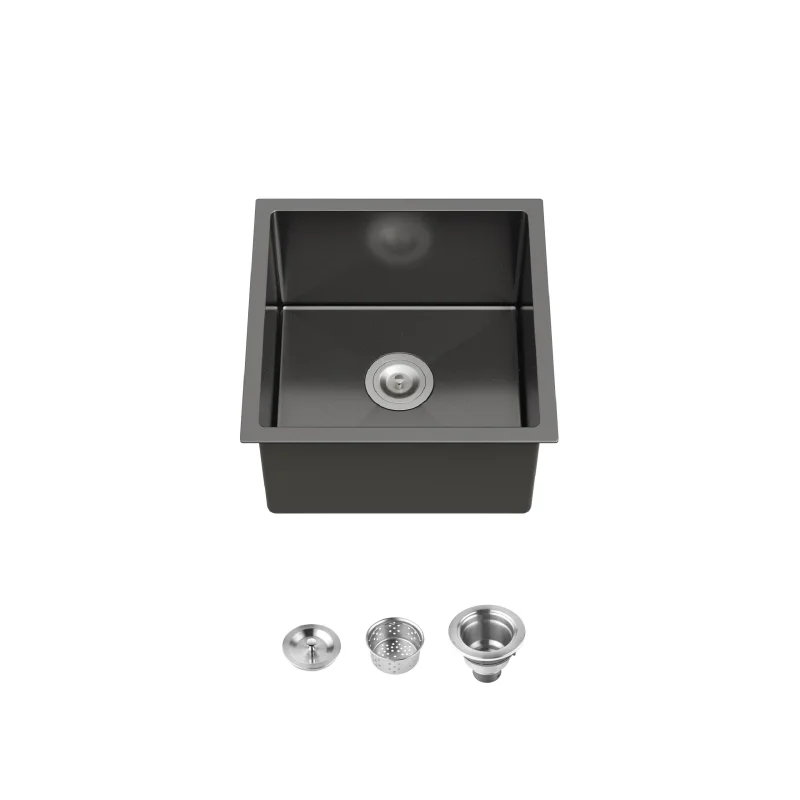Stainless Steel Kitchen Sink, 18″x18″ Single Bowl, Undermount HandmadeSink in Black, with US Standard Drain and Hook