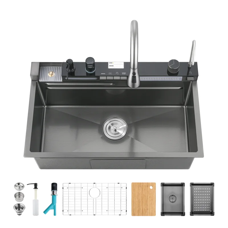 Pull-out Faucet Single Bowl Sink Kitchen Vegetable Sink 304 30"x18" Whale Waterfall Sink Stainless Steel Dish Sink wIth Dishwasher Accessories Household Vegetable Washing Basin, Black