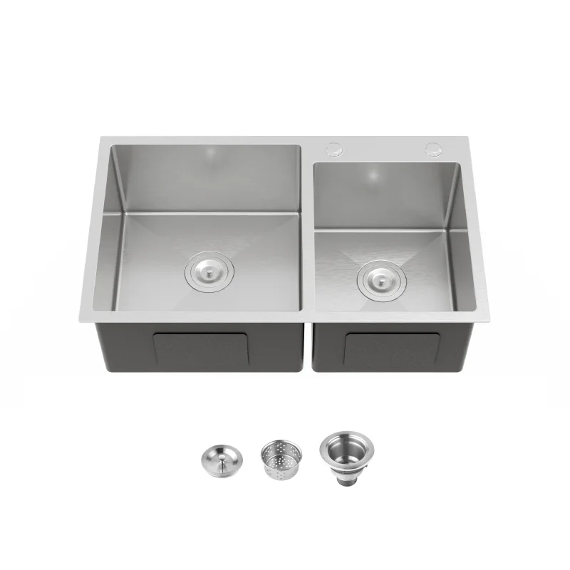 Stainless Steel Kitchen Sink, 32″x19″ Double Bowl in Dark Gray, Overmount Handmade Sink, with US Standard Drain and Hook