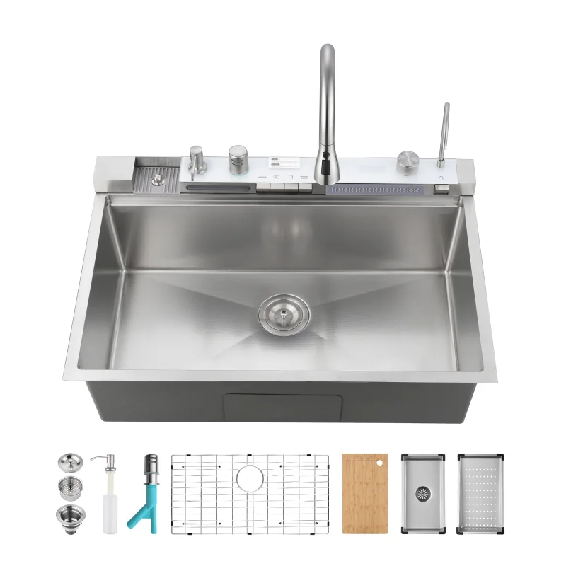 Pull-out Faucet Single Bowl Sink Kitchen Vegetable Sink 304 33"x22" Whale Waterfall Sink Stainless Steel Dish Sink wIth Dishwasher Accessories Household Vegetable Washing Basin, Dark Gray