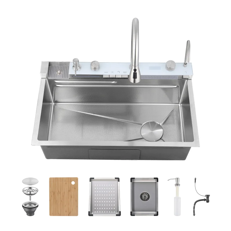 Pull-out Faucet Single Bowl Sink Kitchen Vegetable Sink 304 30"x18" Whale Waterfall Sink Stainless Steel Dish Sink Vegetable Sink Household Vegetable Washing Basin, Dark Gray