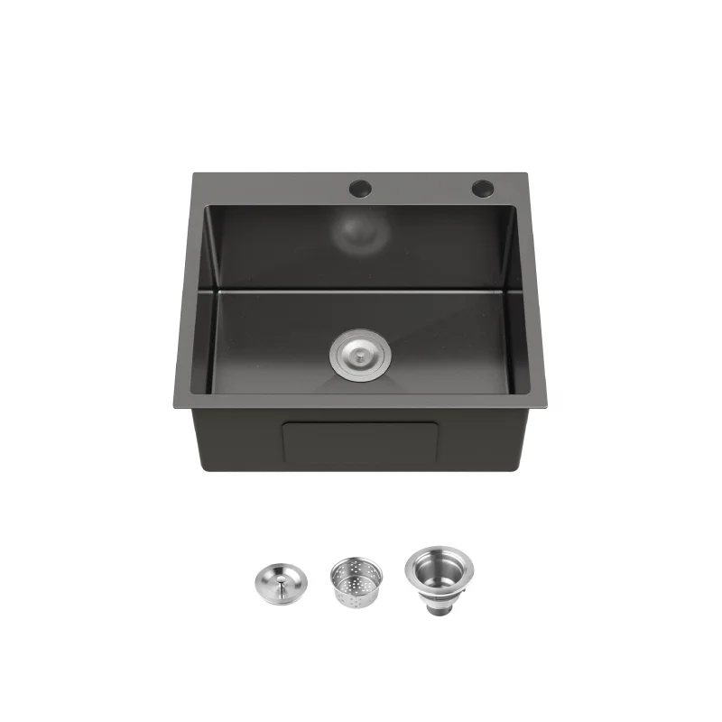 Stainless Steel Kitchen Sink, 23″x19″ Single Bowl, Overmount Handmade Sink in Black, with US Standard Drain and Hook