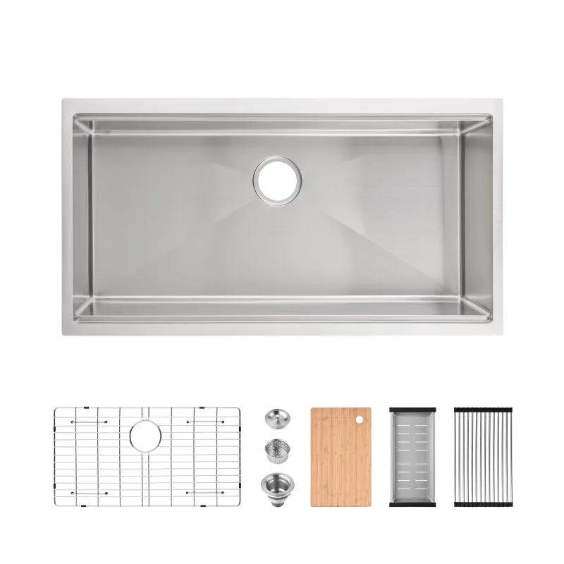 Kitchen Sink 36"x19" Multifunctional undermount Flying Rain Waterfall S304 Stainless Steel Handmade Modern Single Bowl Kitchen Sink, Dark Gray