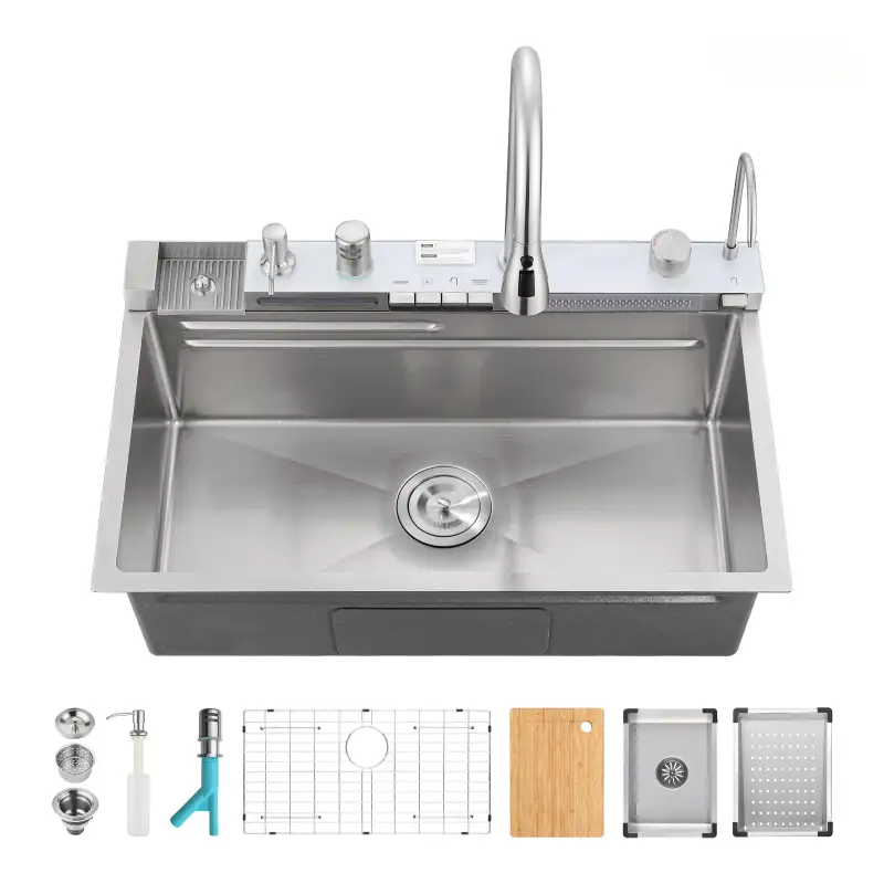 Pull-out Faucet Single Bowl Sink Kitchen Vegetable Sink 304 30"x18" Whale Waterfall Sink Stainless Steel Dish Sink wIth Dishwasher Accessories Household Vegetable Washing Basin, Dark Gray