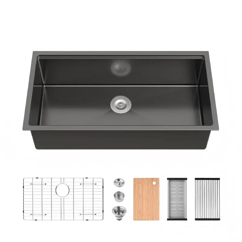 Kitchen Sink 36"x19" Multifunctional undermount Flying Rain Waterfall S304 Stainless Steel Handmade Modern Single Bowl Kitchen Sink, Black