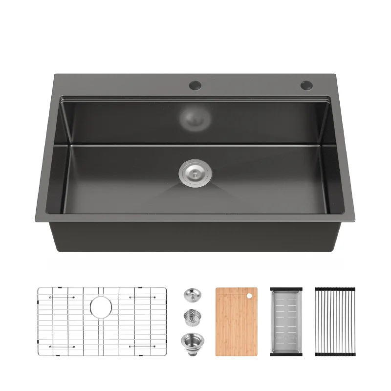 Stainless Steel Kitchen Sink, 36″x22″ Single Bowl, Overmount Handmade Sink in Black, with Cutting Board, Colander, Grid
