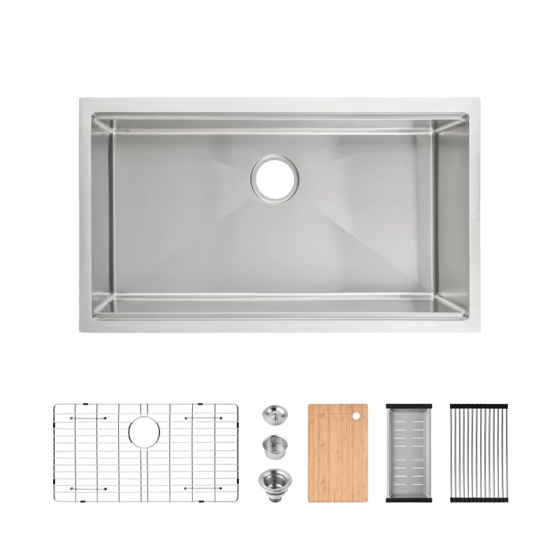 Kitchen Sink 33"x19" Multifunctional undermount Flying Rain Waterfall S304 Stainless Steel Handmade Modern Single Bowl Kitchen Sink Dark Gray