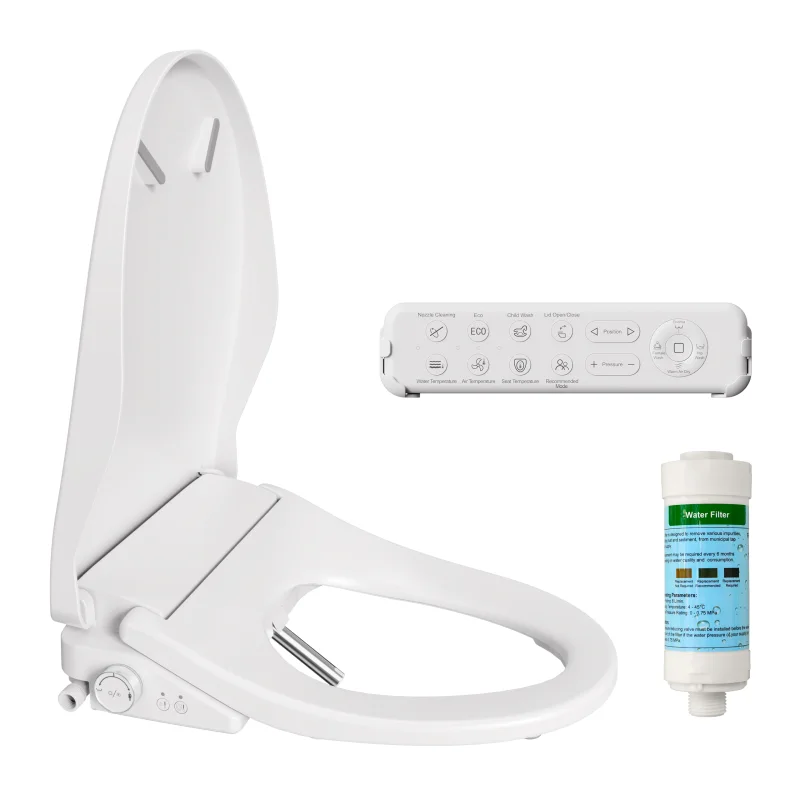 Smart Bidet Toilet Seat with Sensor Open Lid Side Knob Adjustable Heated Seat with Water Temperature and Pressure Adjustment Portable Bidet with Automatic Nozzle Cleaning