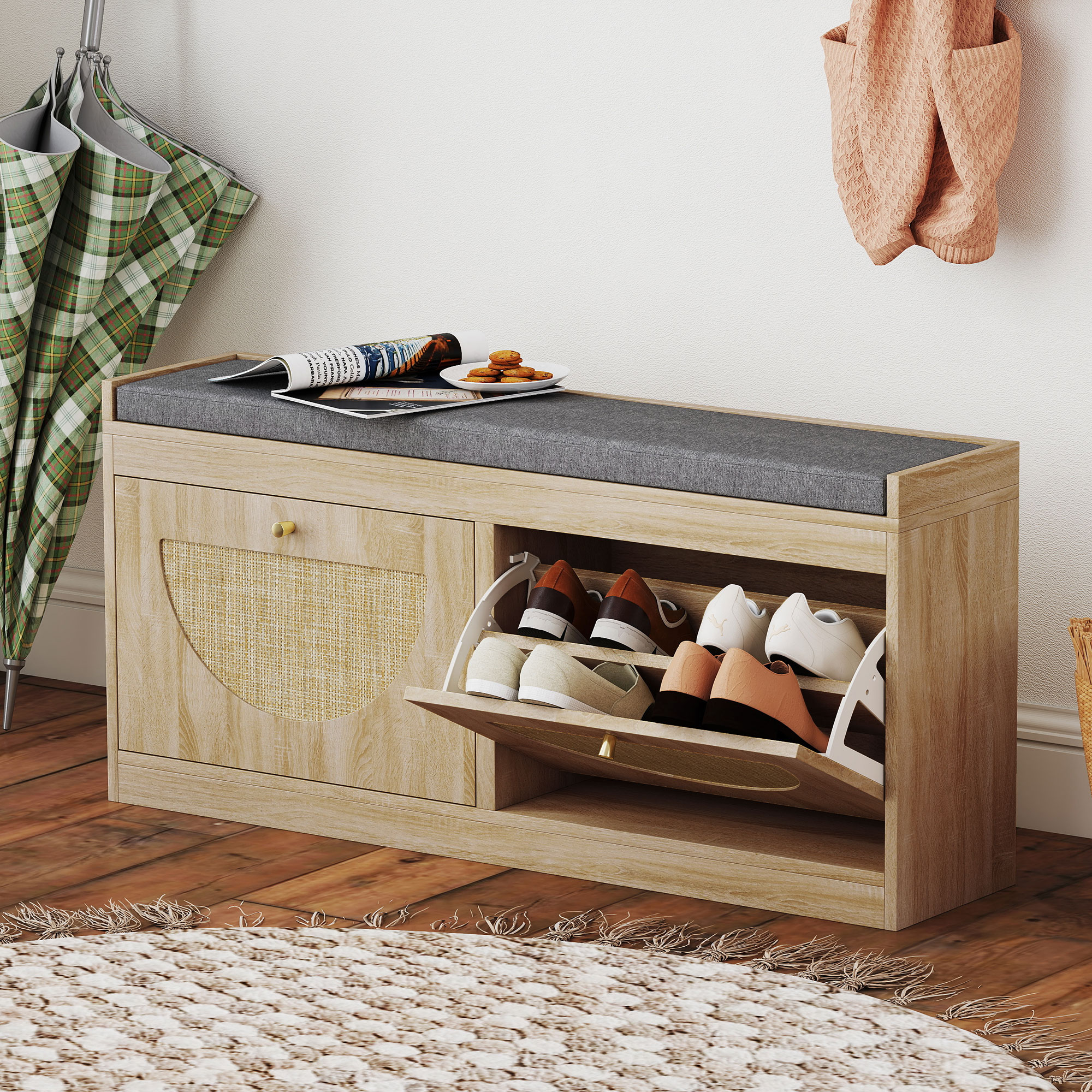 Shoe Storage Bench with Flip Rattan Doors, 8 Pairs, Natural Wood