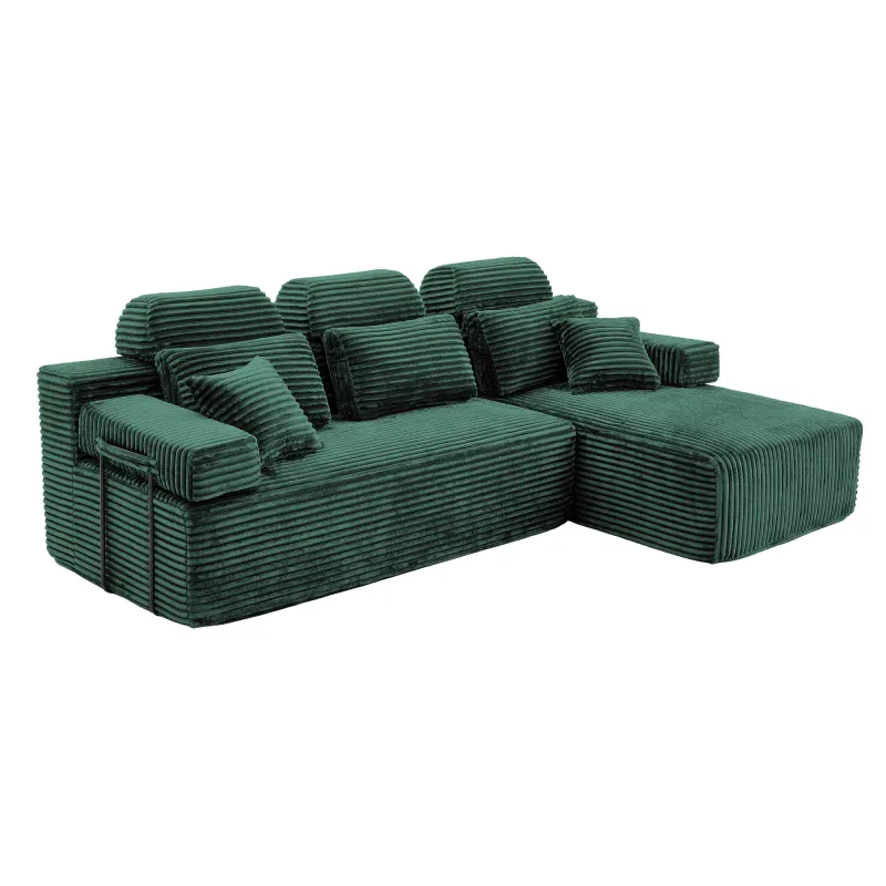 L Shaped Corduroy Sectional Sleeper Sofa with Chaise Lounge High Density Compressed Sponge Convertible Modular Upholstered Couch with Throw Pillows for Living Room Hotel Apartment