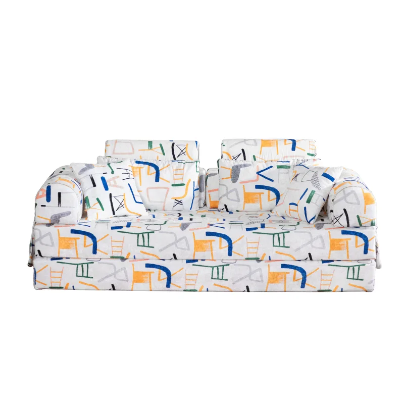 Abstract Line Printed Convertible Sleeper Sofa Bed High Density Compressed Sponge Foldable Multi-functional Upholstered Couch for Living Room Hotel Apartment