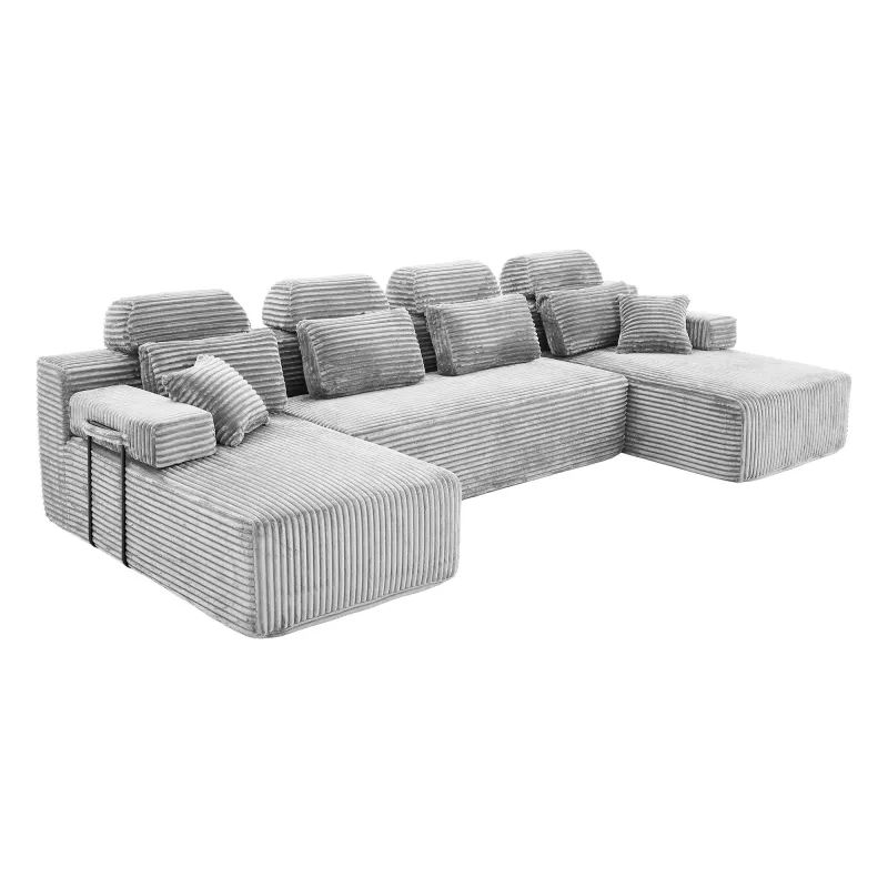 U Shaped Corduroy Sectional Sofa with Double Chaise Lounge High Density Compressed Sponge Modular Convertible Upholstered Couch with Throw Pillows for Living Room Hotel Apartment