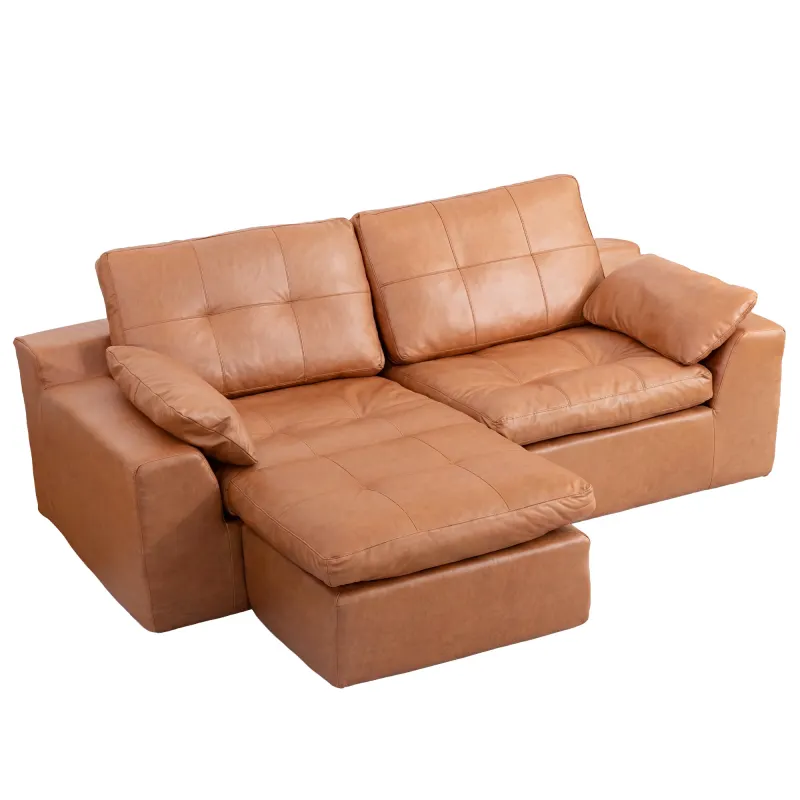 Faux Leather L-Shaped Sectional Sofa with Movable Ottoman High Density Compressed Sponge Modular 2-Seater Upholstered Couch with Throw Pillows for Living Room Hotel Apartment