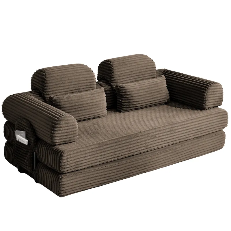 Wide Wale Corduroy Convertible Sleeper Sofa Bed with Side Storage Pocket High Density Compressed Sponge Foldable Multi-functional Upholstered Couch for Living Room Hotel Apartment