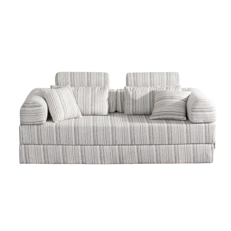 White & Gray Stripe Convertible Sleeper Sofa Bed High Density Compressed Sponge Foldable Multi-functional Upholstered Couch for Living Room Hotel Apartment