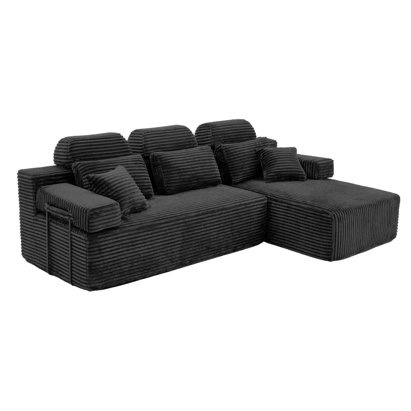L Shaped Corduroy Sectional Sleeper Sofa with Chaise Lounge High Density Compressed Sponge Convertible Modular Upholstered Couch with Throw Pillows for Living Room Hotel Apartment