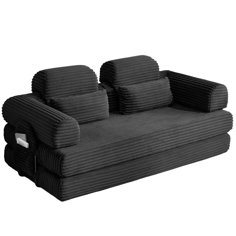 Wide Wale Corduroy Convertible Sleeper Sofa Bed with Side Storage Pocket High Density Compressed Sponge Foldable Multi-functional Upholstered Couch for Living Room Hotel Apartment
