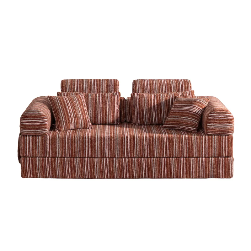 Terracotta Stripe Convertible Sleeper Sofa Bed High Density Compressed Sponge Foldable Multi-functional Upholstered Couch for Living Room Hotel Apartment