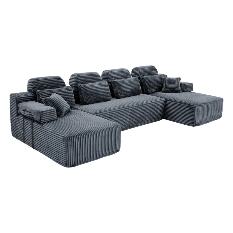 U Shaped Corduroy Sectional Sofa with Double Chaise Lounge High Density Compressed Sponge Modular Convertible Upholstered Couch with Throw Pillows for Living Room Hotel Apartment