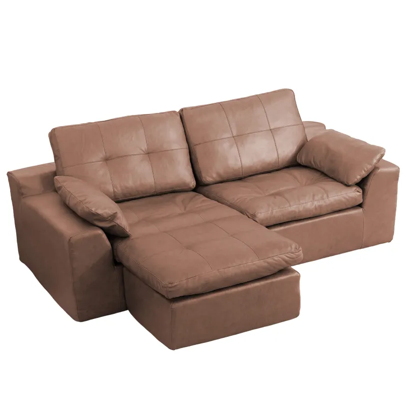 Faux Leather L-Shaped Sectional Sofa with Movable Ottoman High Density Compressed Sponge Modular 2-Seater Upholstered Couch with Throw Pillows for Living Room Hotel Apartment