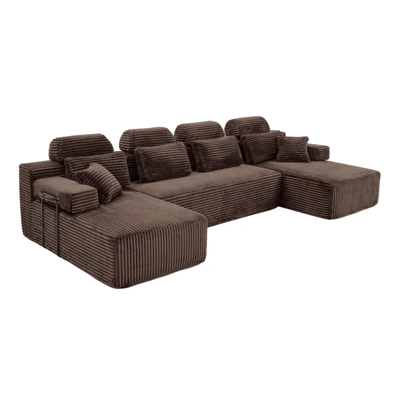 U Shaped Corduroy Sectional Sofa with Double Chaise Lounge High Density Compressed Sponge Modular Convertible Upholstered Couch with Throw Pillows for Living Room Hotel Apartment