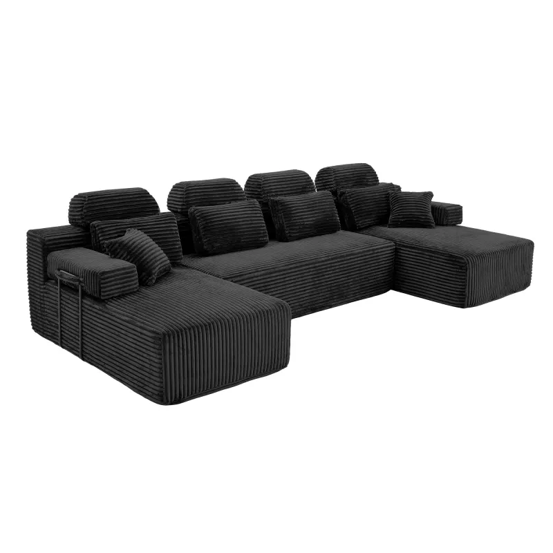 U Shaped Corduroy Sectional Sofa with Double Chaise Lounge High Density Compressed Sponge Modular Convertible Upholstered Couch with Throw Pillows for Living Room Hotel Apartment