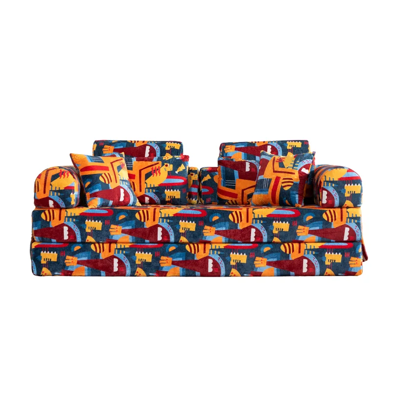  Geometric Printed Convertible Sleeper Sofa Bed High Density Compressed Sponge Foldable Multi-functional Upholstered Couch for Living Room Hotel Apartment