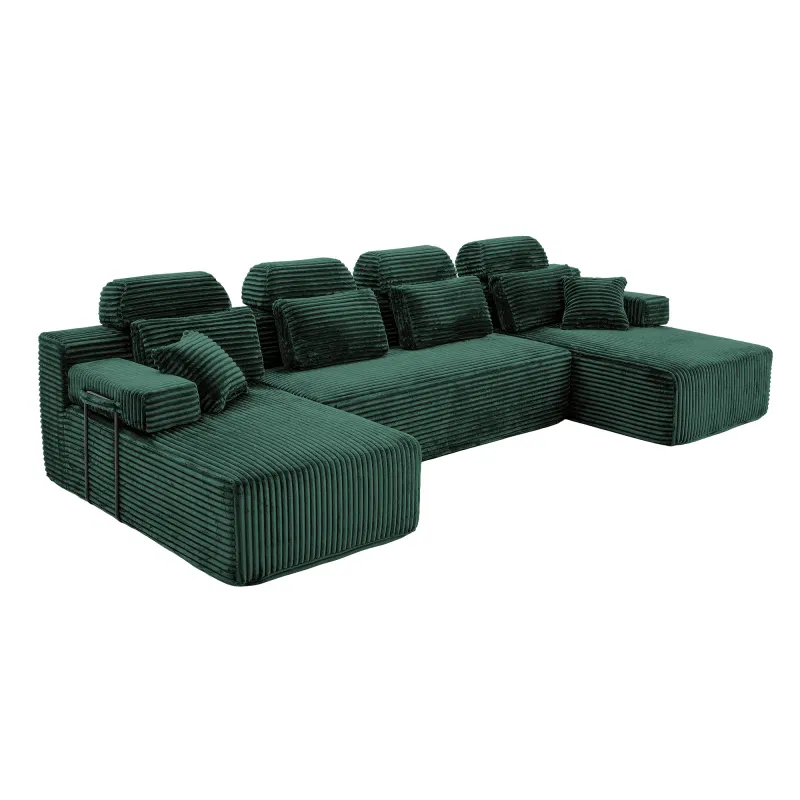 U Shaped Corduroy Sectional Sofa with Double Chaise Lounge High Density Compressed Sponge Modular Convertible Upholstered Couch with Throw Pillows for Living Room Hotel Apartment