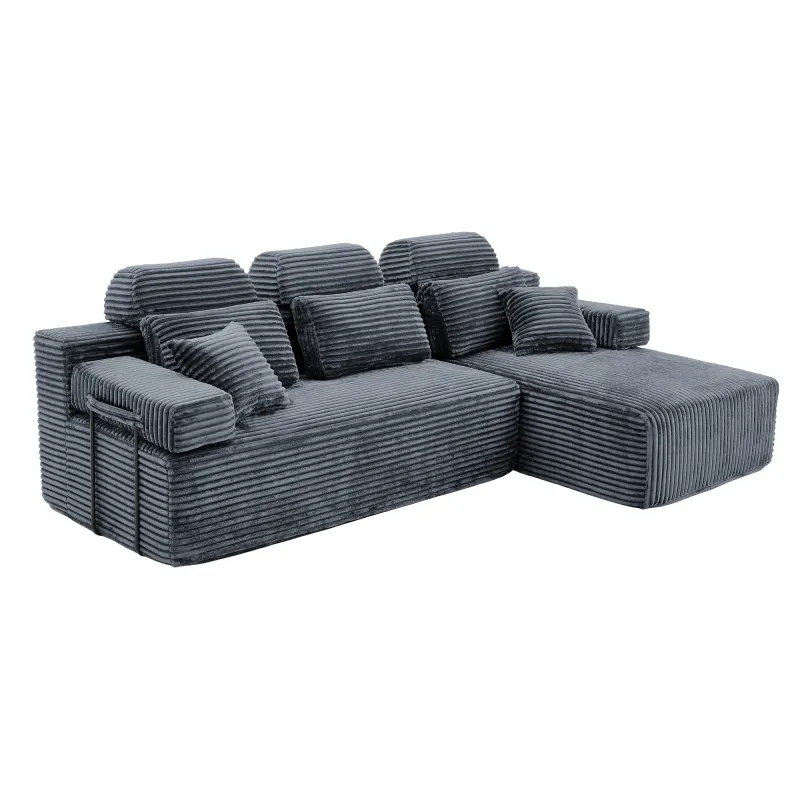 L Shaped Corduroy Sectional Sleeper Sofa with Chaise Lounge High Density Compressed Sponge Convertible Modular Upholstered Couch with Throw Pillows for Living Room Hotel Apartment