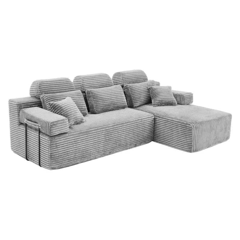 L Shaped Corduroy Sectional Sleeper Sofa with Chaise Lounge High Density Compressed Sponge Convertible Modular Upholstered Couch with Throw Pillows for Living Room Hotel Apartment
