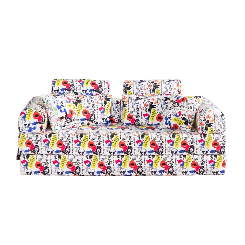  Pop Graffiti Printed Convertible Sleeper Sofa Bed High Density Compressed Sponge Foldable Multi-functional Upholstered Couch for Living Room Hotel Apartment