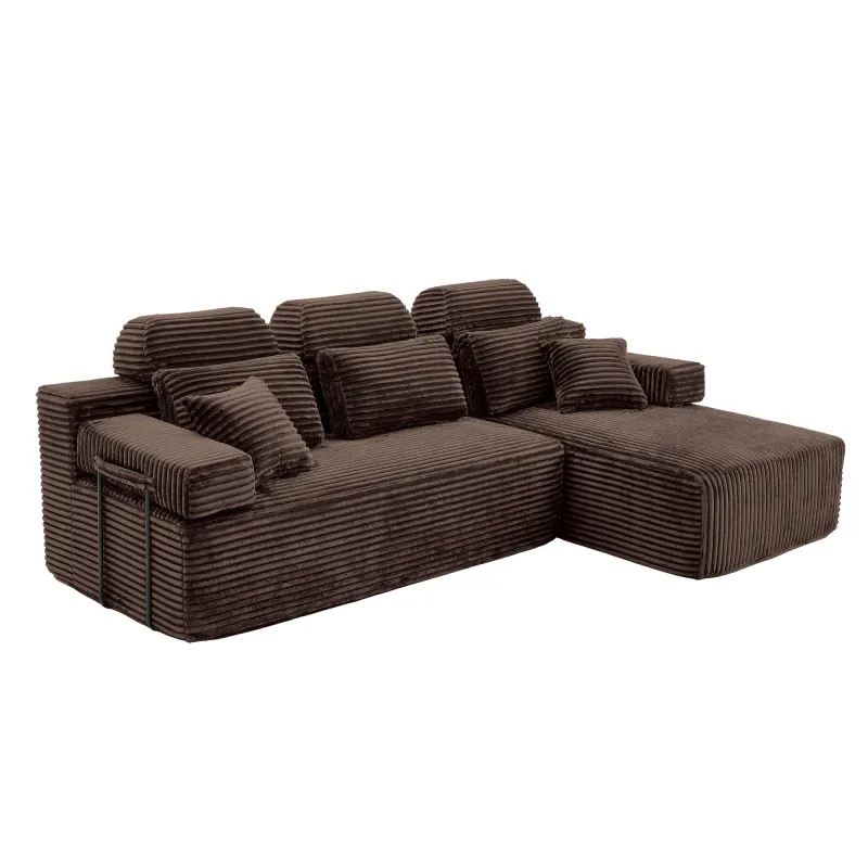 L Shaped Corduroy Sectional Sleeper Sofa with Chaise Lounge High Density Compressed Sponge Convertible Modular Upholstered Couch with Throw Pillows for Living Room Hotel Apartment