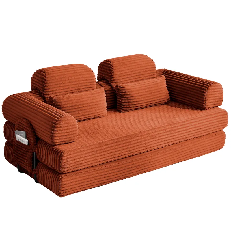 Wide Wale Corduroy Convertible Sleeper Sofa Bed with Side Storage Pocket High Density Compressed Sponge Foldable Multi-functional Upholstered Couch for Living Room Hotel Apartment