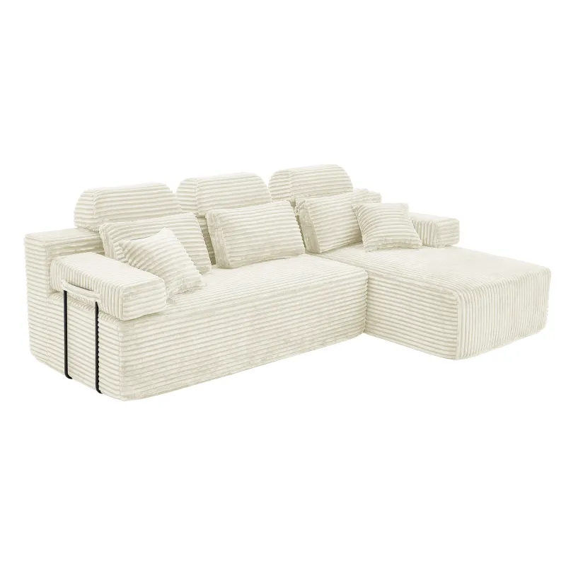 L Shaped Corduroy Sectional Sleeper Sofa with Chaise Lounge High Density Compressed Sponge Convertible Modular Upholstered Couch with Throw Pillows for Living Room Hotel Apartment