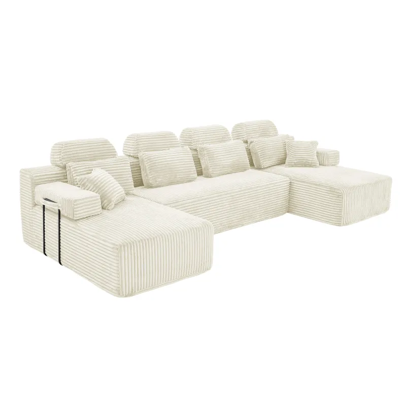 U Shaped Corduroy Sectional Sofa with Double Chaise Lounge High Density Compressed Sponge Modular Convertible Upholstered Couch with Throw Pillows for Living Room Hotel Apartment